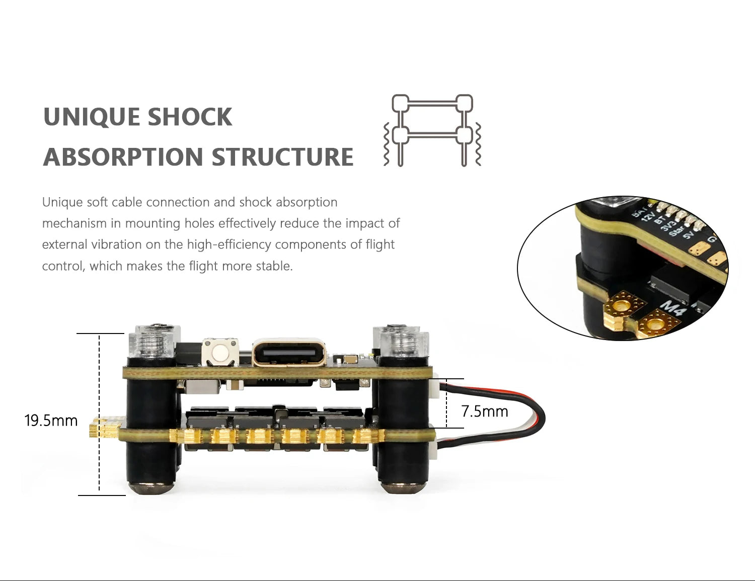GEPRC SPAN F722-BT-HD V2 Stack, UNIQUE SHOCK ABSORPTION STRUCTURE Unique soft cable connection and