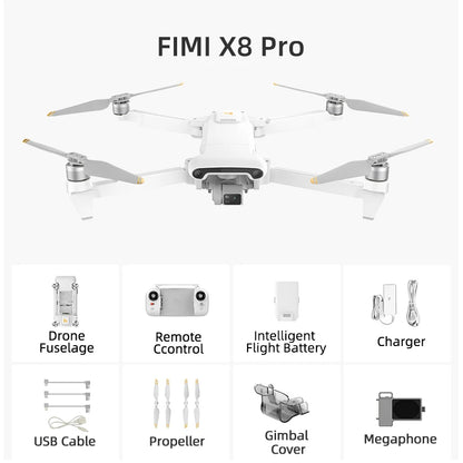 FIMI X8 Pro Camera Drone, Drone kit contents: remote charger, control unit, battery, props, gimbal, and cover.