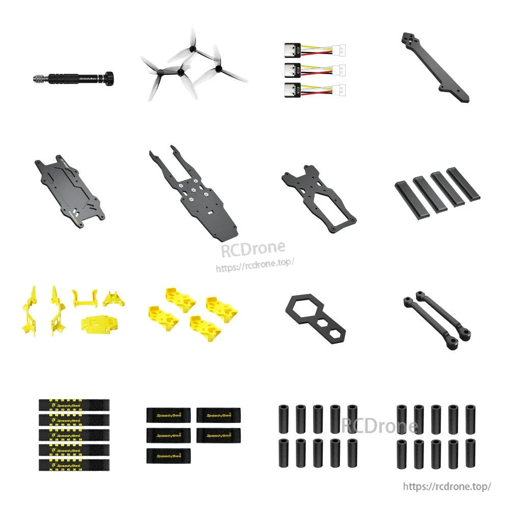 SpeedyBee Master 3X kit accessories set with propellers, carbon plates, straps, USB extension leads, and standoffs