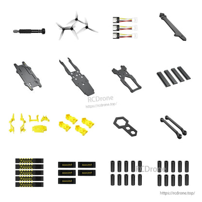 SpeedyBee Master 3X kit accessories set with propellers, carbon plates, straps, USB extension leads, and standoffs