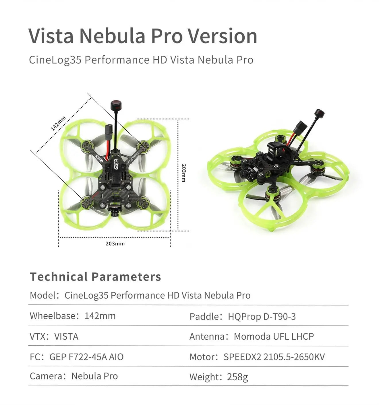 GEPRC CineLog35 Cinewhoop, CineLog35 Performance HD Vista Nebula Pro 1 203mm Technical Parameters Model