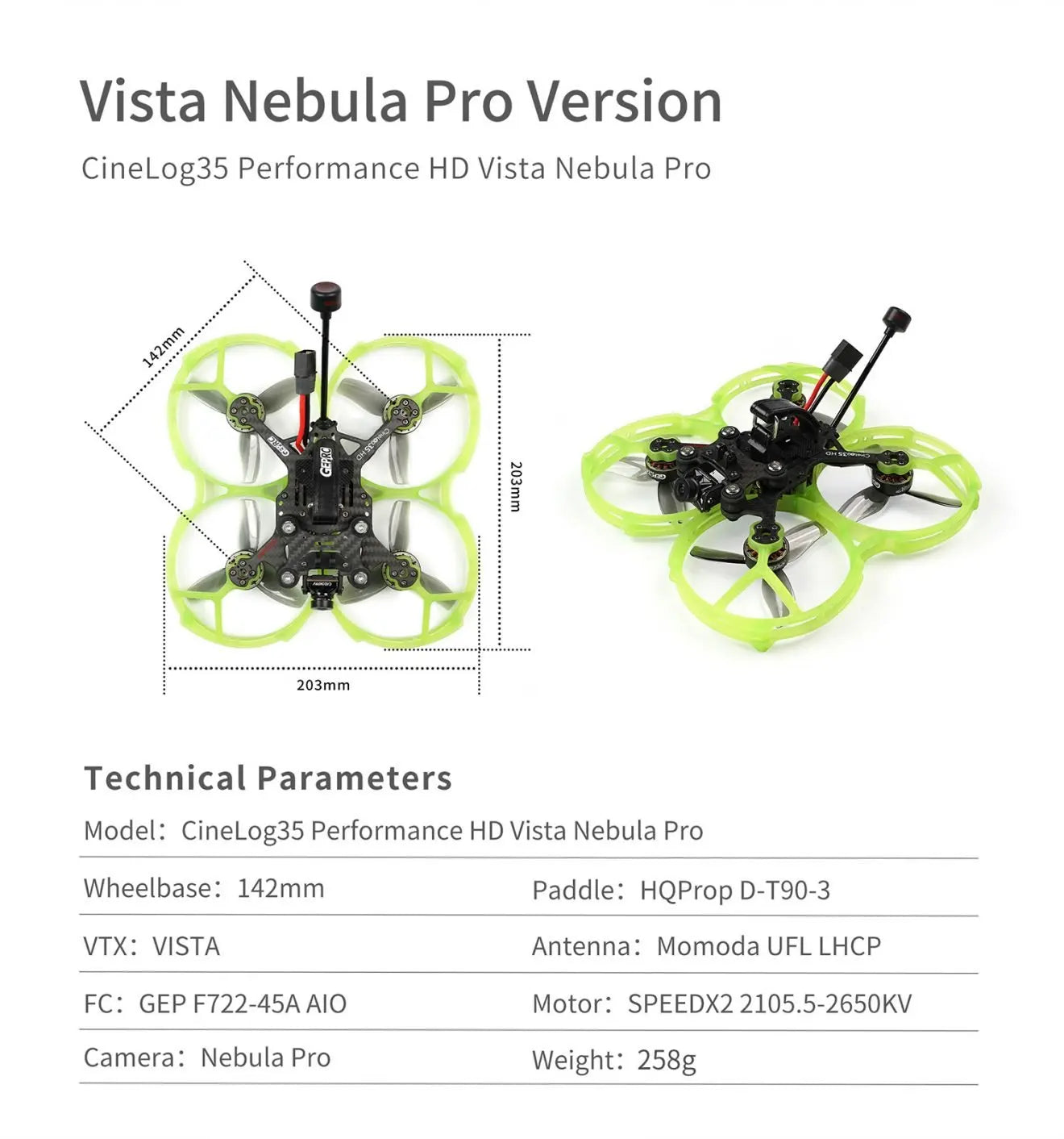 GEPRC CineLog35 Cinewhoop FPV Drone, CineLog35 Performance HD Vista Nebula Pro 1 203mm Technical Parameters Model