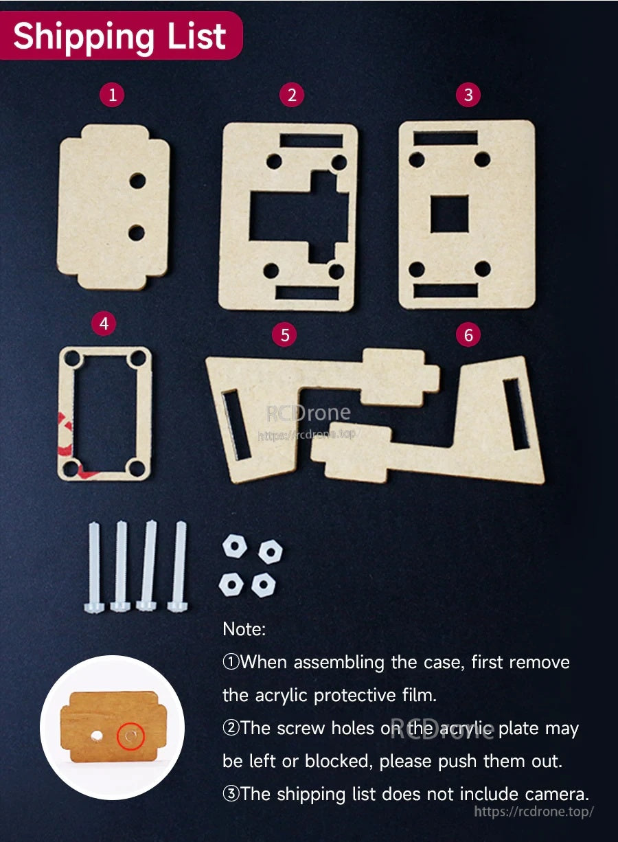 Shipping list showing 6 acrylic plates, 4 screws and 4 nuts, plus notes to remove protective film before assembly