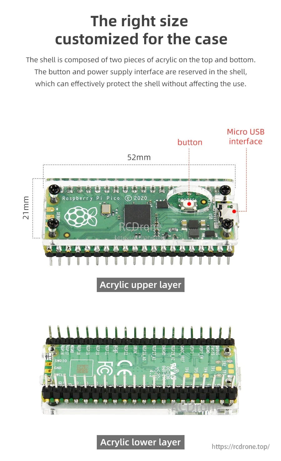 Case sizing and cutouts: 52 x 21 mm acrylic upper and lower layers with openings for button and Micro USB