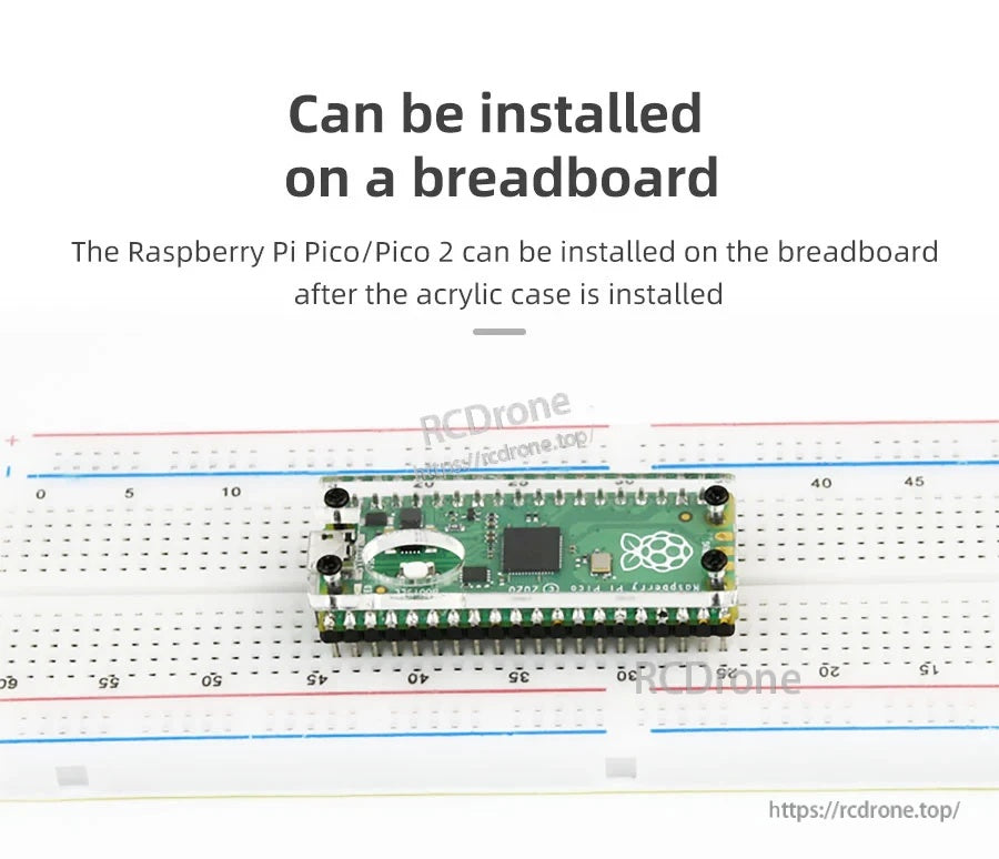 Raspberry Pi Pico in acrylic case installed on a solderless breadboard, headers fitting into breadboard rows