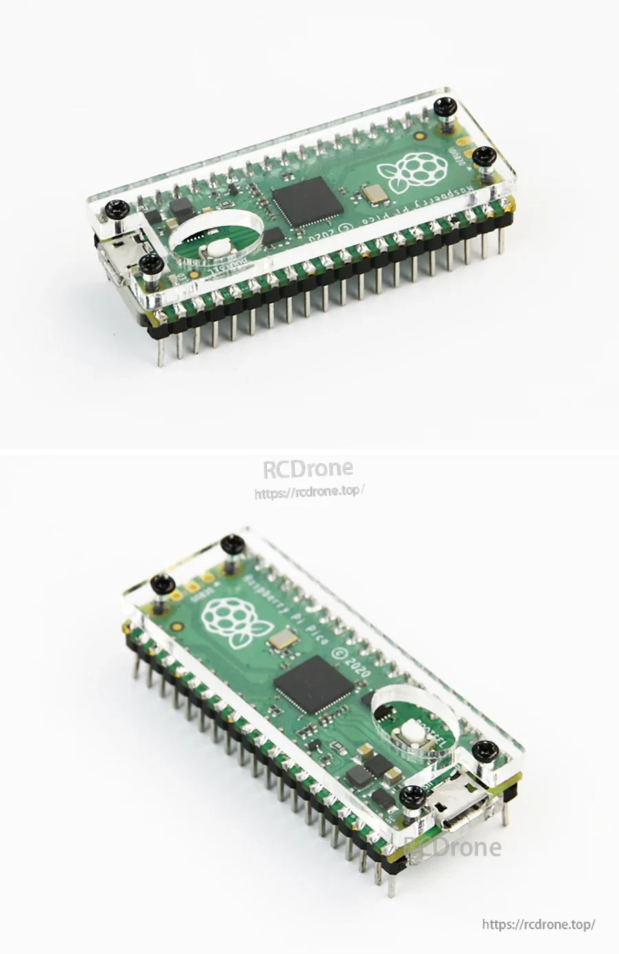 Angled top and front views of the Yahboom acrylic protective case on a Pico board, secured with corner screws
