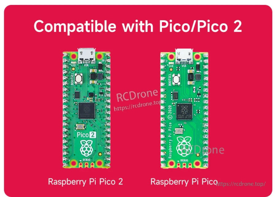 Compatibility view comparing Raspberry Pi Pico 2 and Raspberry Pi Pico boards supported by the acrylic case