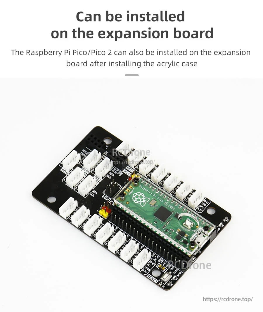 Raspberry Pi Pico with acrylic case mounted on an expansion board, showing pin access and stable mounting
