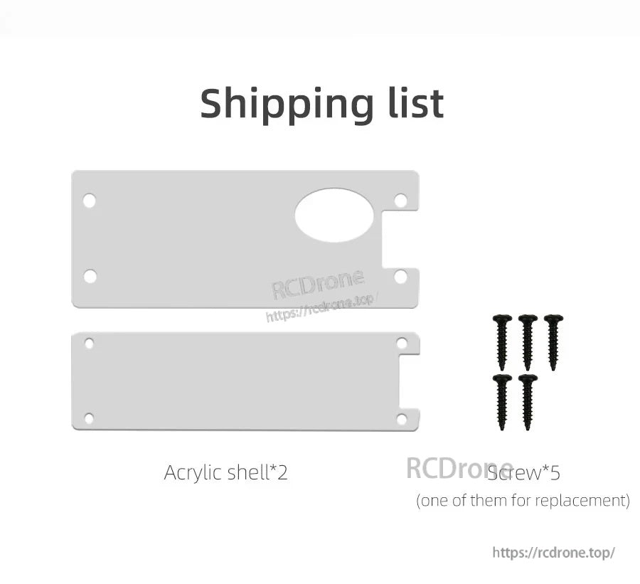 Package contents: two acrylic shell pieces and five screws (including one spare) for assembling the case