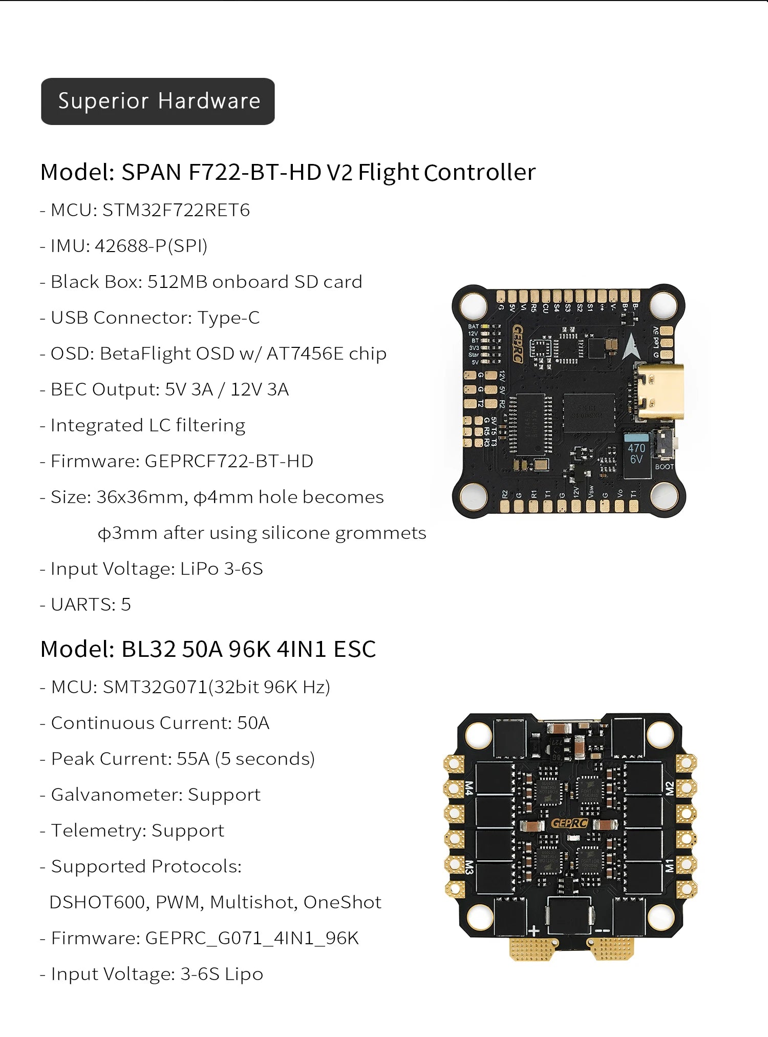 GEPRC SPAN F722-BT-HD V2 Stack, Superior Hardware Model: SPAN F722-BT-HD V2 Flight Controller MCU:
