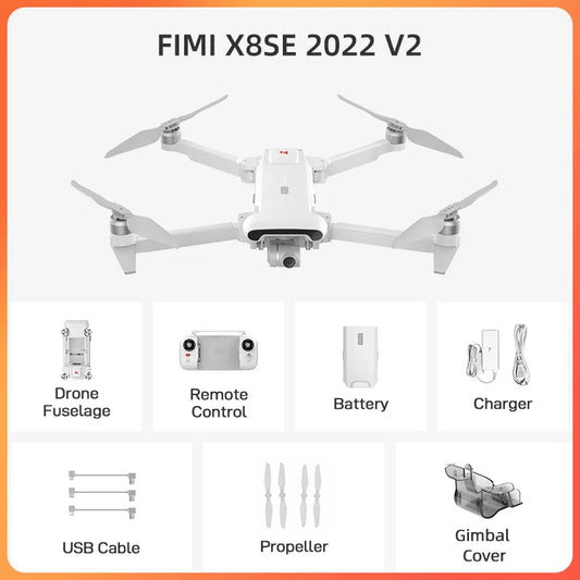 FIMI X8 Pro Drone, Drone package contents: Remote, charger, gimbal, USB cable, and prop cover for the 2022 V2 FIMI X8 Pro.