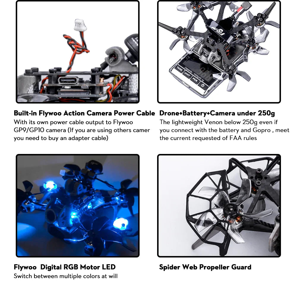 FLYWOO Venom H20, Flywoo Digital RGB Motor LED Spider Web Propeller Guard Switch between multiple colors at will (V