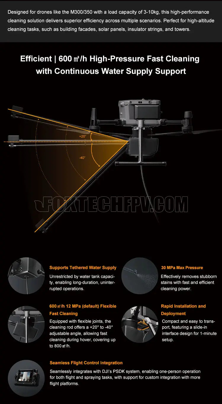 The AearoClean P3 Tethered Drone offers high-performance cleaning solutions for various scenarios, featuring a load capacity of 3-10 kg and tethered water supply.