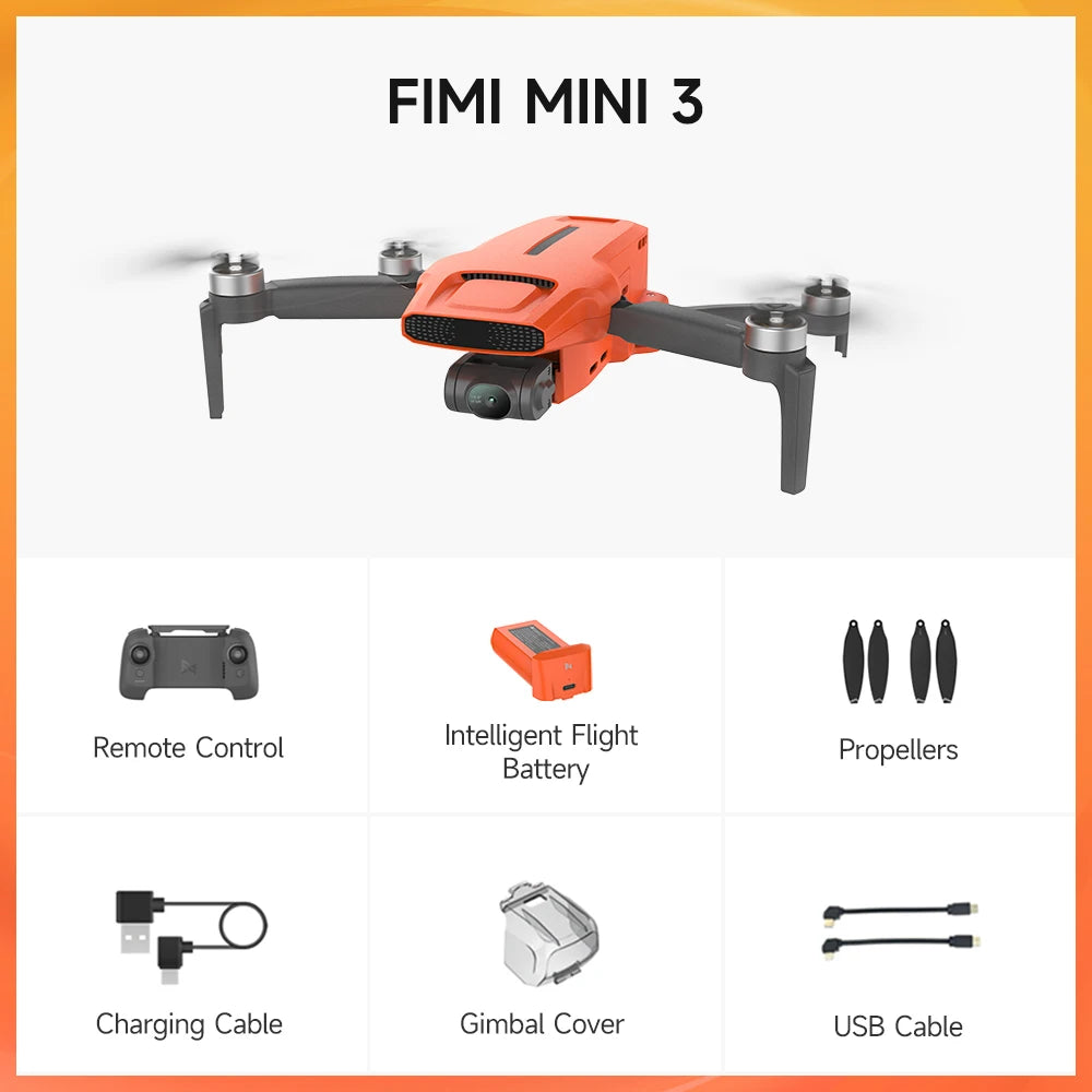 FIMI Mini 3 Pro Drone, Drone kit with remote, smart features, props, charger, cables, and gimbal cover for seamless flying experience.