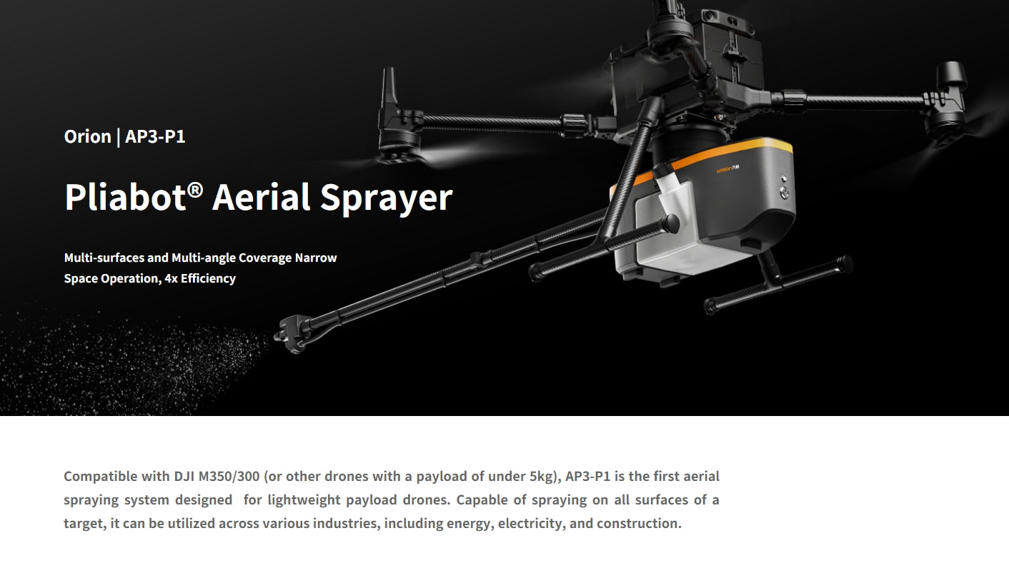 AeroClean P1 Drone, The Orion AP3-P1 Pliabotf Aerial Sprayer offers multi-surface and angle coverage for narrow spaces, compatible with DJI M350/300 drones.