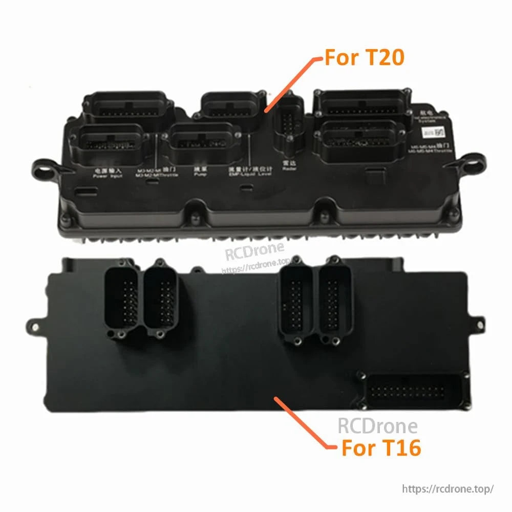 DJI agriculture drone spraying board module connectors, showing T20 version on top and T16 version below