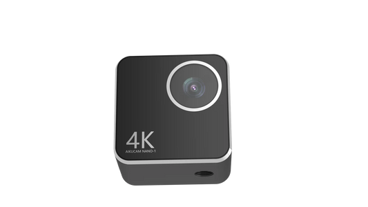 AiKUCAM NANO 1 Mini Action FPV Camera front view, compact cube design with wide-angle lens and 4K marking