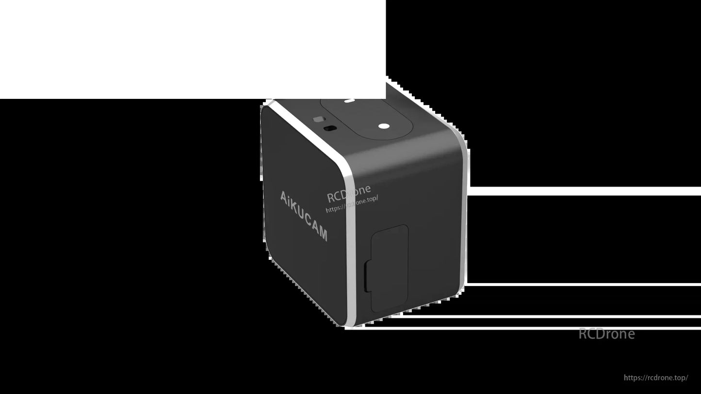 Side and rear angle of the mini action camera showing side door/cover and top button layout