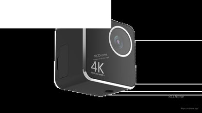 Angled front view highlighting lens ring, 4K label, and side cover panel on the camera body