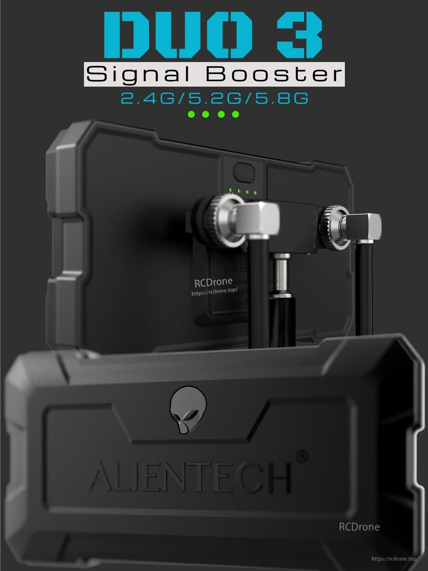 AlienTech DUO 3 Signal Booster enhances performance with dual antennas, supporting 2.4G/5.2G/5.8G frequencies and a durable, rugged design.