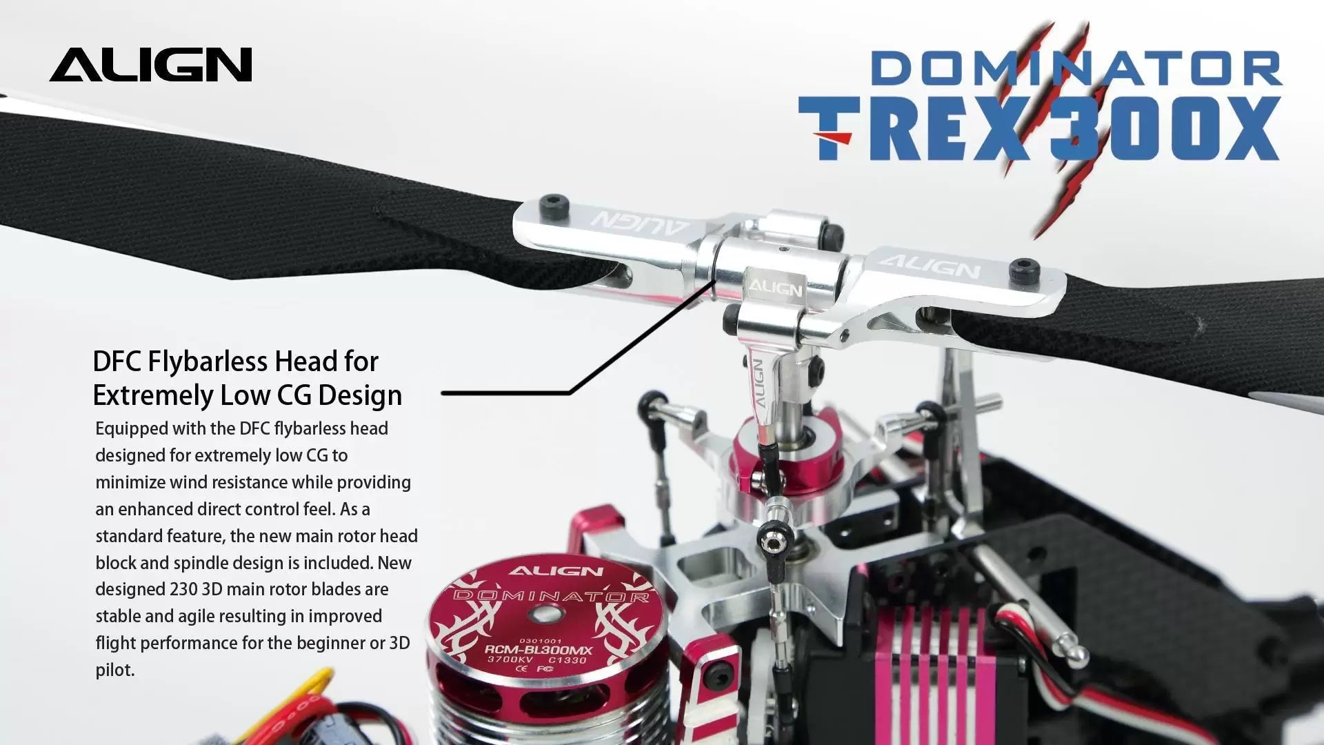 The Align T-REX 300X Dominator RC Helicopter features low CG design, flybarless head, and 3D main rotor blades for stability and agility.