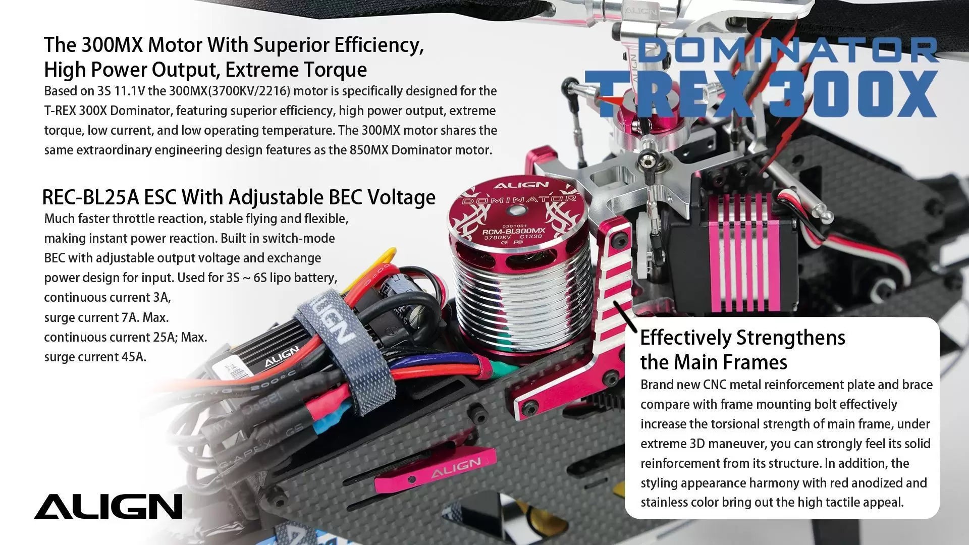 The Align T-REX 300X Dominator RC Helicopter features a powerful motor, adjustable BEC voltage, and reinforced metal plates for stable flying.