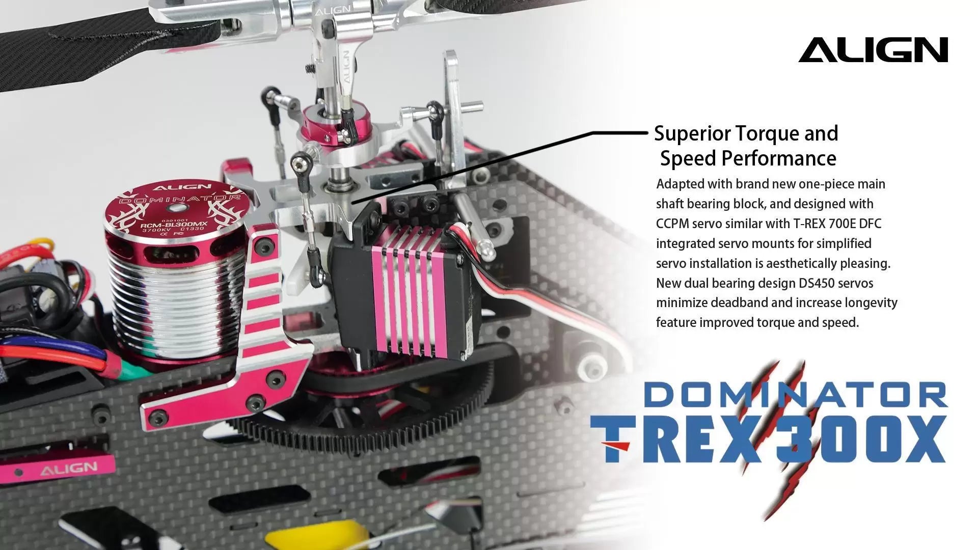 Adapter for Align T-REX 300X Dominator RC Helicopter features a one-piece main shaft bearing block with CCPM servo mounts for superior performance.