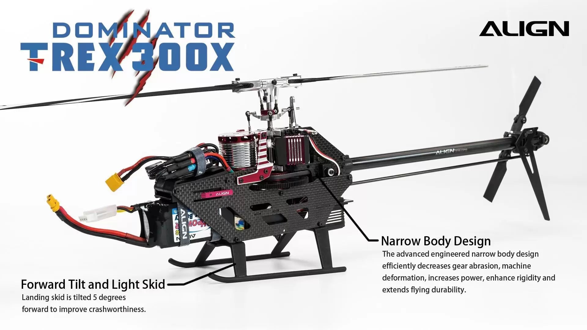 Align T-REX 300X Dominator RC Helicopter, The Align T-REX 300X Dominator has a narrow body design for efficient gear performance.
