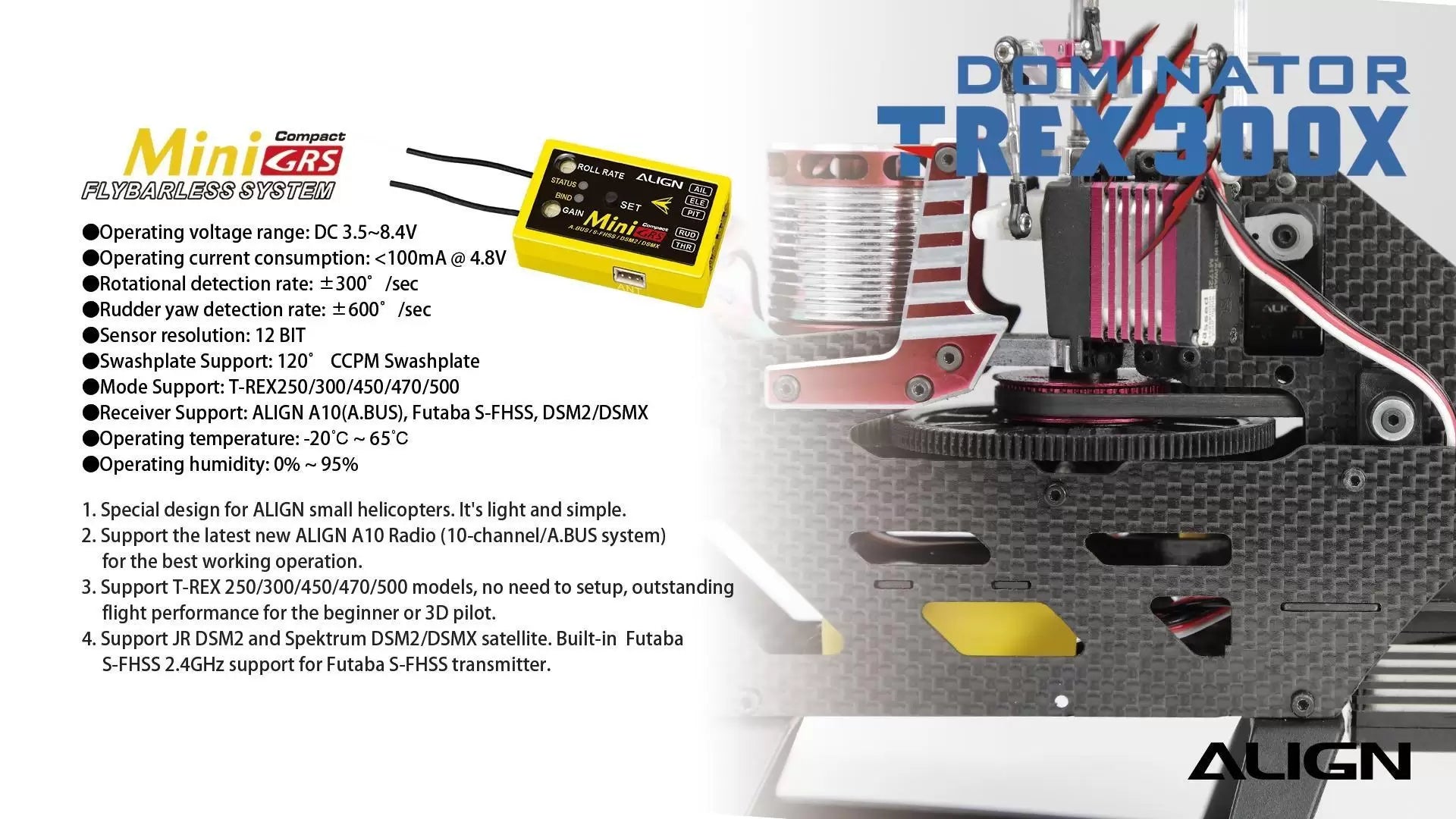 The Align T-REX 300X Dominator RC Helicopter features compact design, flybarless system, and high-performance capabilities.