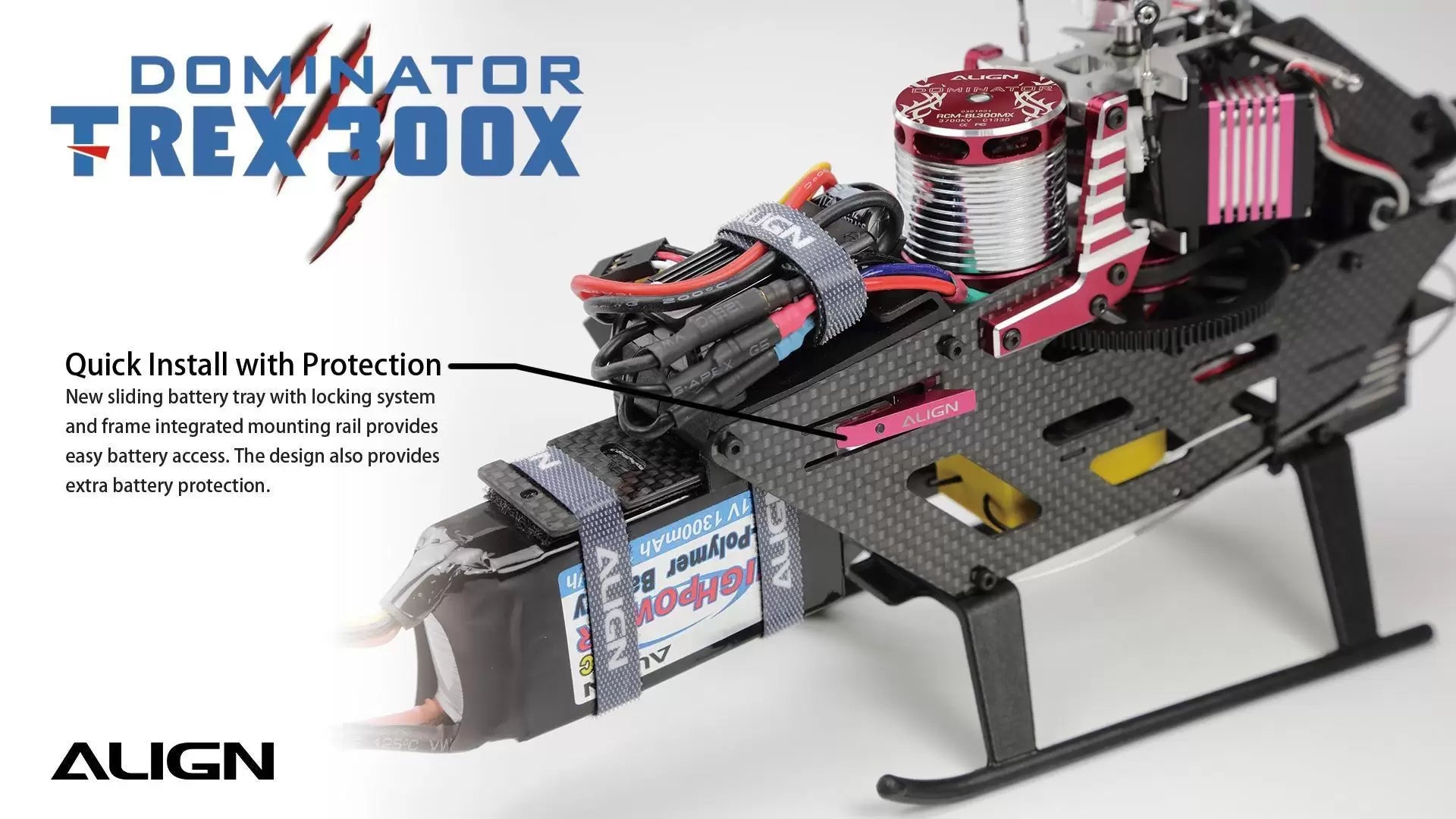Align T-REX 300X Dominator RC Helicopter, The T-REX 300X Dominator RC Helicopter has a quick install system featuring a sliding battery tray with locking and a frame mounting rail.