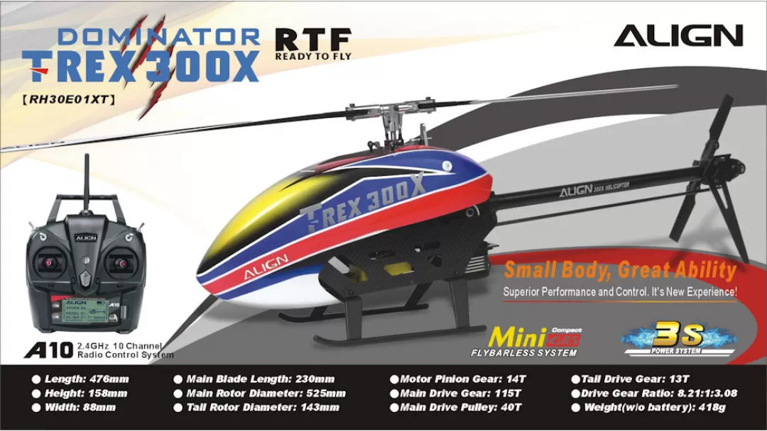 Introducing the Align T-REX 300X Dominator RC Helicopter Combo Kit, featuring superior performance and control.