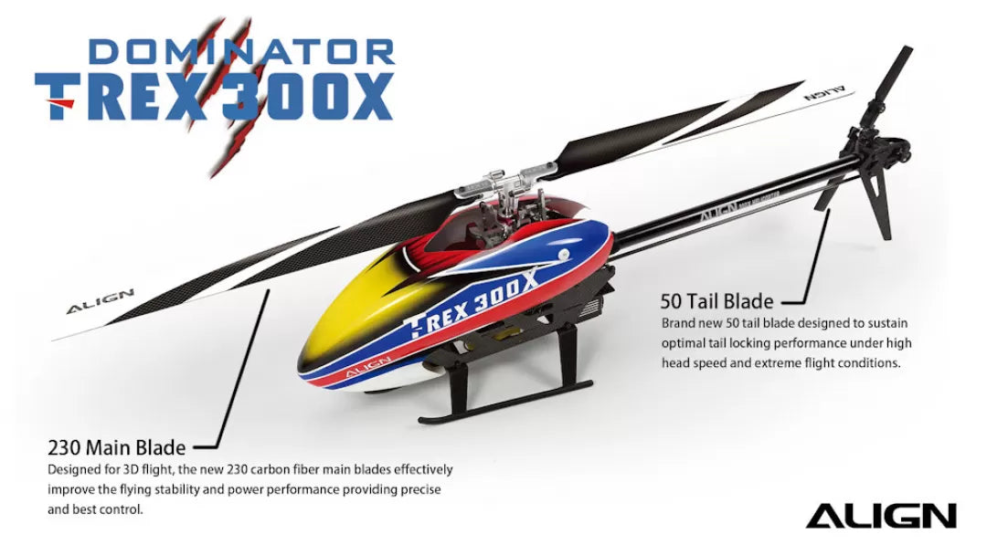 The Align T-REX 300X Dominator RC Helicopter Combo Kit includes high-speed flight features for optimal locking performance and precision control.