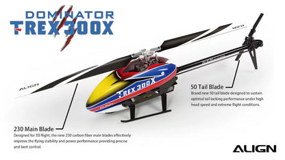 The Align T-REX 300X Dominator RC Helicopter Combo Kit includes high-speed flight features for optimal locking performance and precision control.
