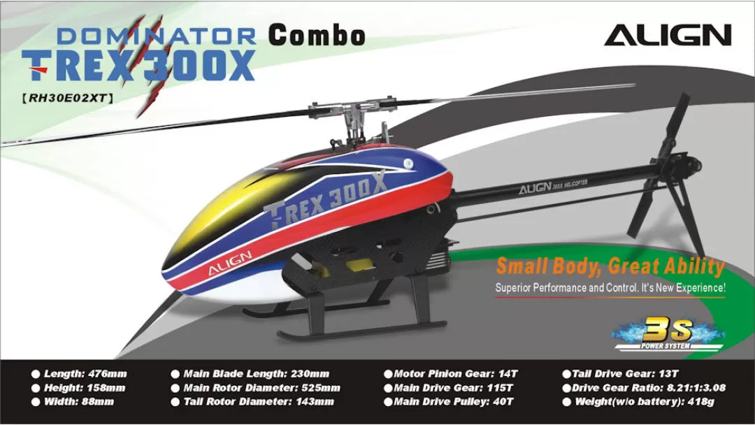 Align T-REX 300X Dominator RC Helicopter, The Align T-REX 300X Dominator RC helicopter features small body, superior performance and control with detailed specs