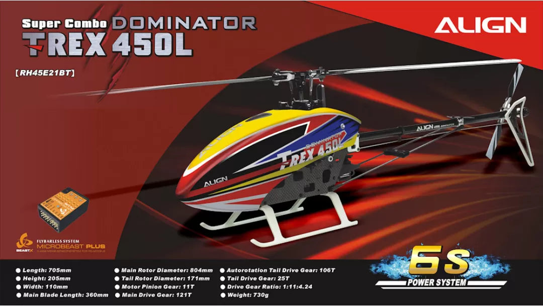 Align T-REX 450L Dominator RC Helicopter, The Align T-Rex 450L Dominator RC Helicopter Super Combo features a length of 705mm, main rotor diameter of 804mm, and weighs around 700g.