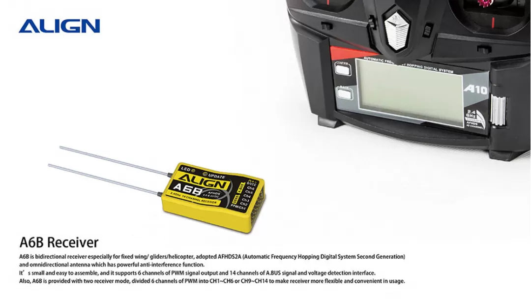 The Align T-REX 450L Dominator RC Helicopter features a bidirectional receiver with AFHDSZA and omnidirectional antenna for easy assembly.