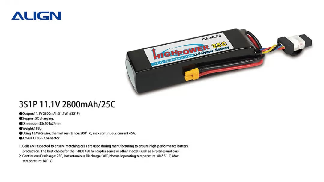 The Align T-REX 450L Dominator RC Helicopter uses a high-performance battery with 3S1P, 1.1V, and 2800mAh capacity.