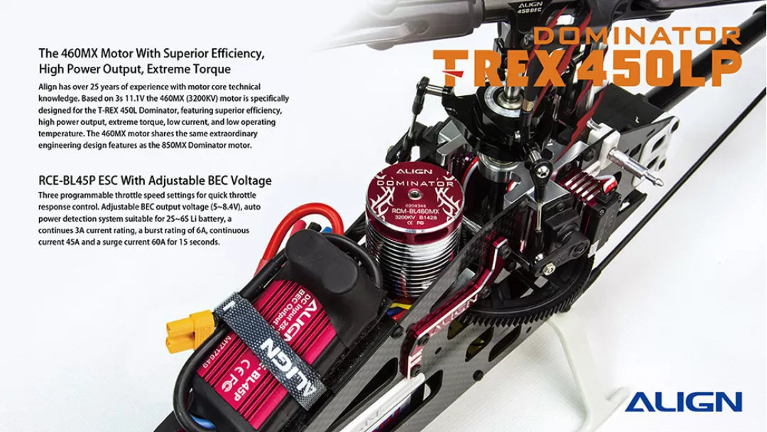 The Align T-REX 450L Dominator RC Helicopter features high-powered motor with extreme torque, adjustable BEC voltage and programmable throttle settings.