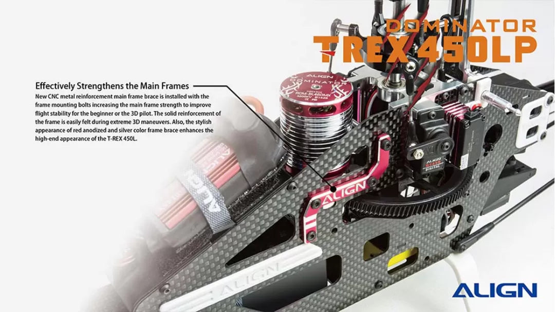 The Align T-REX 450L Dominator RC Helicopter has a strengthened frame with metal reinforcement for improved stability and enhanced flight performance.