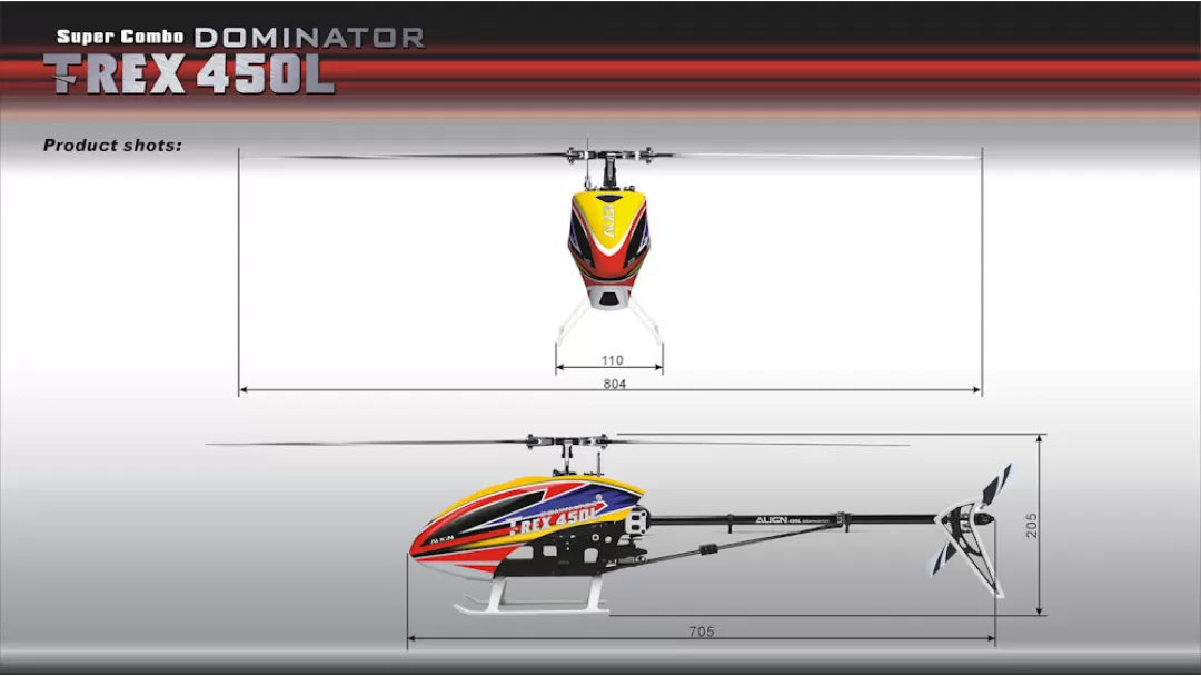 Align T-REX 450L Dominator RC Helicopter, Specifications for T-Rex 450L Super Combo and Almost Ready To Fly (ARTF) RH47E32X helicopter kits with details on standard equipment, electronics included, and specifications.