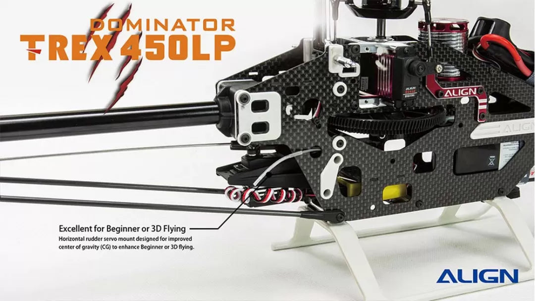 Align T-REX 450L Dominator RC Helicopter, RC helicopter suitable for beginners or 3D flying, featuring a horizontal rudder servo mount.