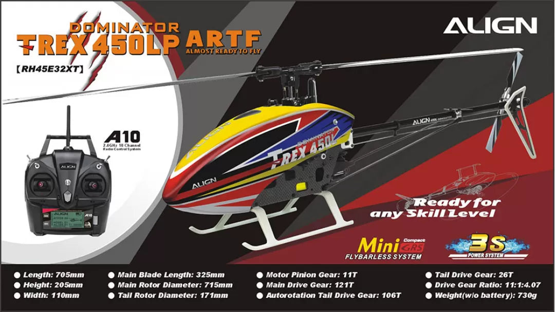 Align T-REX 450L Dominator RC Helicopter, The T-REX 450L Dominator RC Helicopter has a flybarless system suitable for all skill levels with specifications like length, main blade, motor gear, and weight.