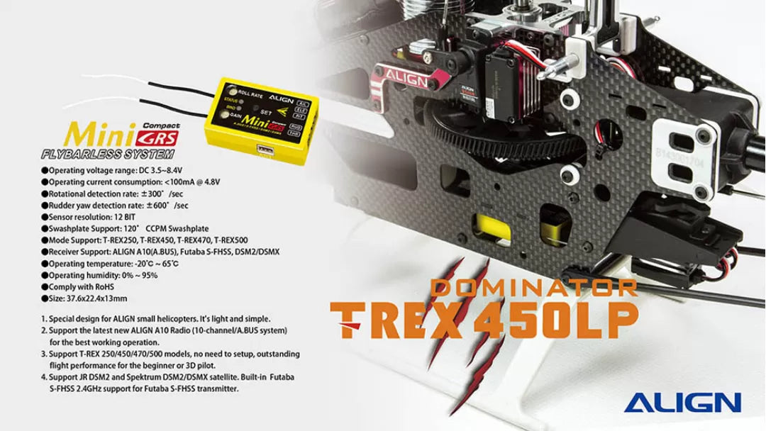 Align T-REX 450L Dominator RC Helicopter, A compact mini RC helicopter with flybarless system, operating on DC 3.5-8.4V with low current consumption and high sensor resolution.