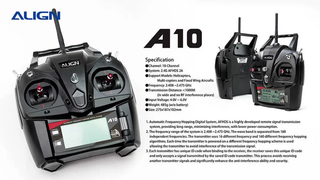 The ALIGN T-REX 450L Dominator RC Helicopter features a 10-channel system for helicopters, multi-copters, and fixed aircrafts with long-range transmission.