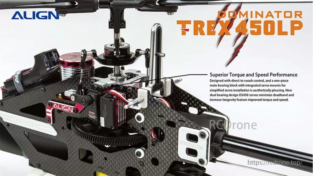 The Align T-REX 450L Dominator RC Helicopter has superior torque and speed performance with direct swash control and simplified installation.