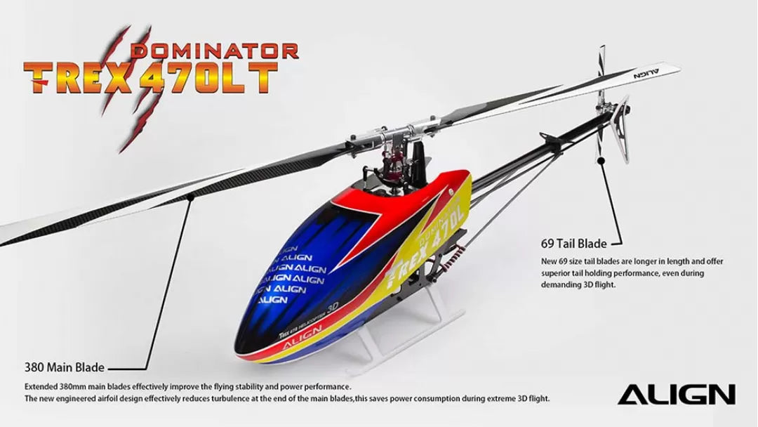 The Align T-REX 470 Series RC Helicopter features improved stability and flying performance with new tail blades and extended main blades.