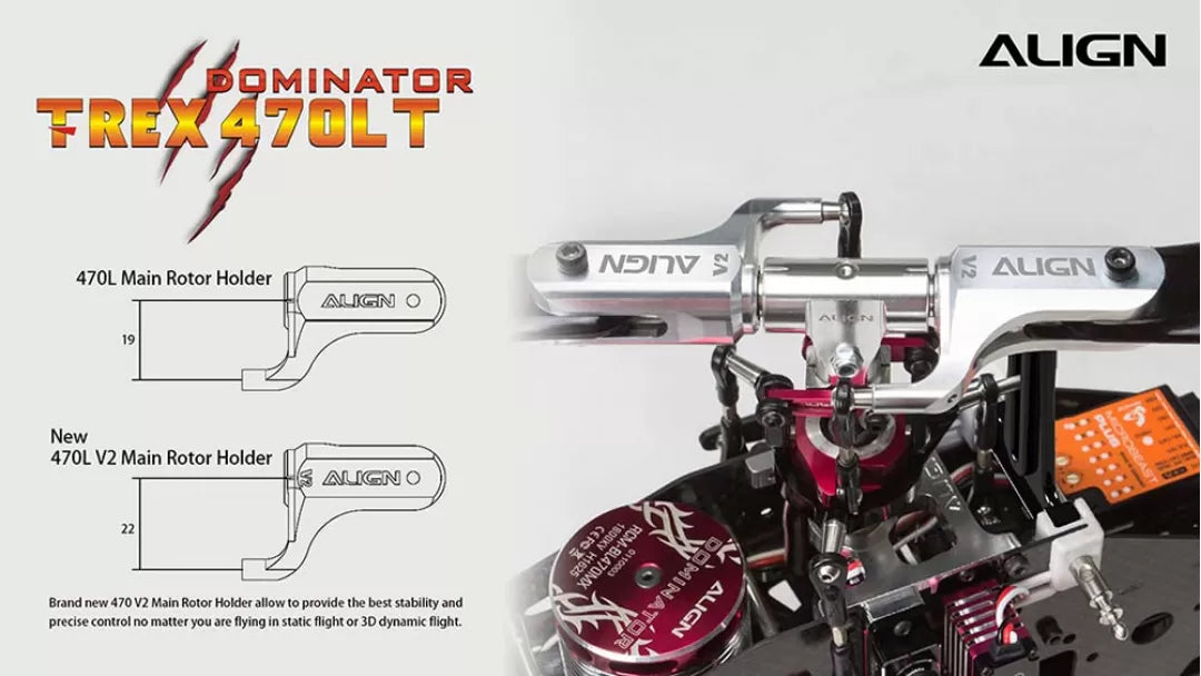 The Align T-REX 470 Series RC Helicopter features a new main rotor holder for improved stability and control.