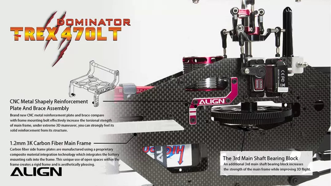 The Align T-REX 470 Series RC Helicopter features a Dominator TREX-Lite 3 CNC metal shapely reinforcement plate.