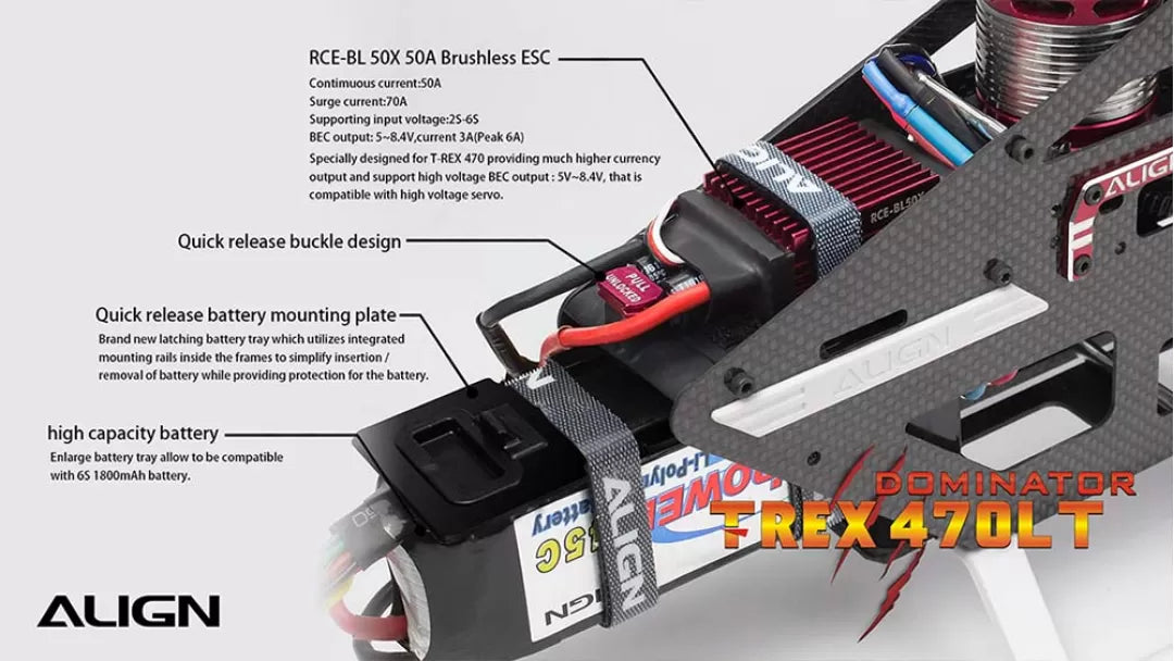 The Align T-REX 470 Series RC Helicopter features a brushless ESC and easy battery mounting system.