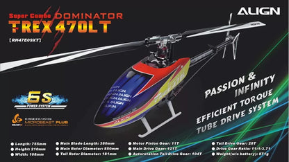 The Align T-REX 470 Series RC Helicopter features a torque tube and planetary gear motor.